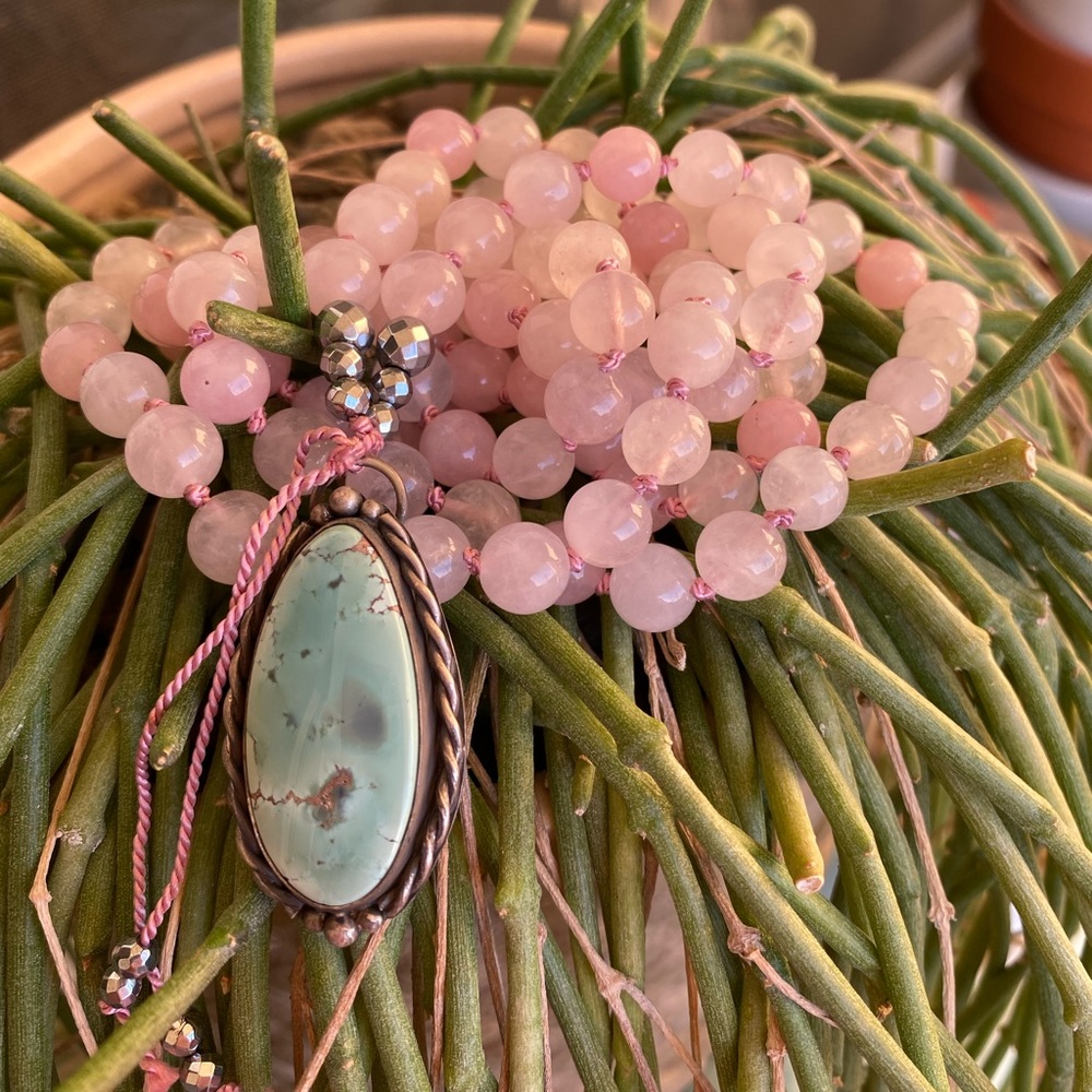 Rose Quartz, Pyrite and Turquoise Mala Necklace - Picture 2 of 9